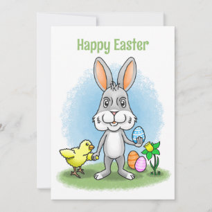 Easter bunny and the cute chicken holiday card
