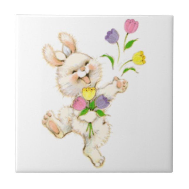 Easter Bunny And Tulips Ceramic Tile (Front)