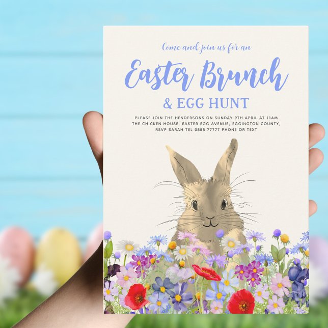 Easter Bunny and Wildflowers Egg Hunt and Brunch Invitation (Easter brunch and egg hunt boho wildflowers bunny invitation )