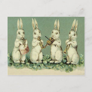 Easter Bunny Band Drum Trumpet Violin Shamrock Holiday Postcard