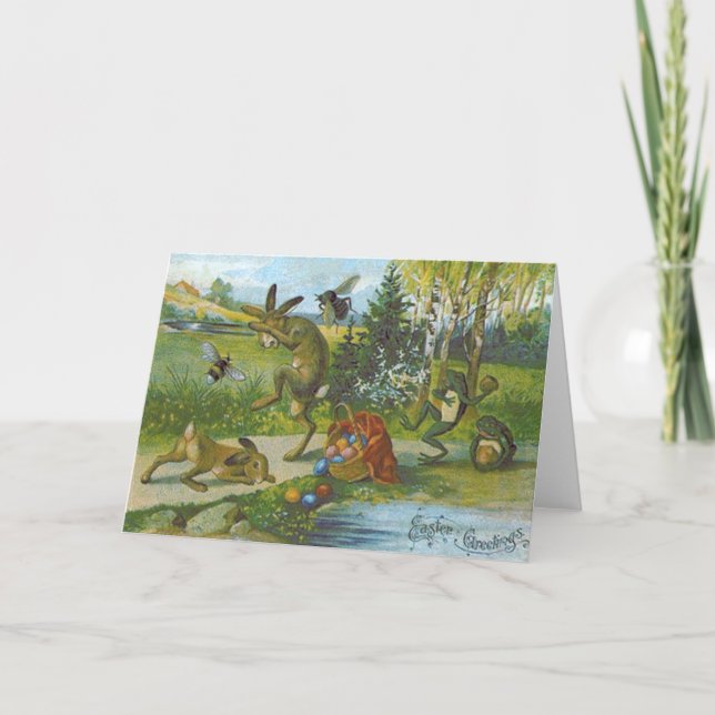 Easter Bunny Basket Coloured Egg Frog Holiday Card (Front)