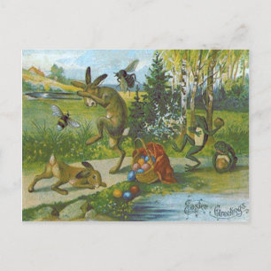 Easter Bunny Basket Coloured Egg Frog Holiday Postcard
