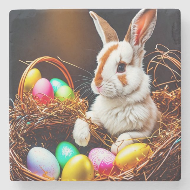 Easter Bunny Basket & Eggs  Stone Coaster (Front)