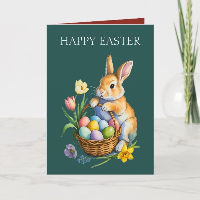 Easter Bunny Basket Tulips Greeting Card (Front)