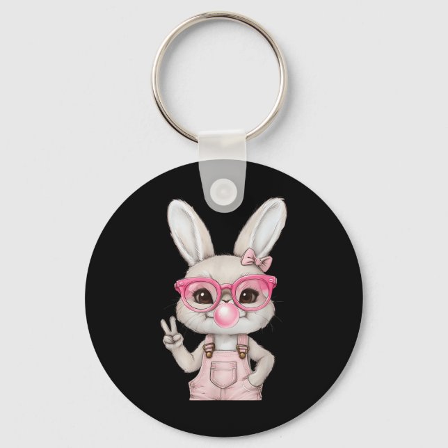 Easter Bunny Blowing Bubble Happy Easter Bunny Coq Key Ring (Front)