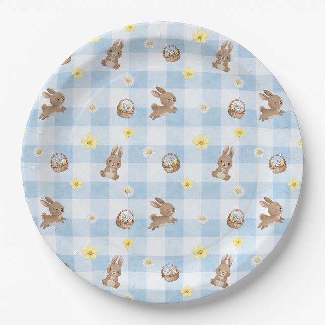 Easter Bunny Blue Gingham Paper Plate (Front)