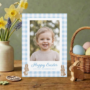 Easter Bunny Blue Gingham Photo Holiday Card