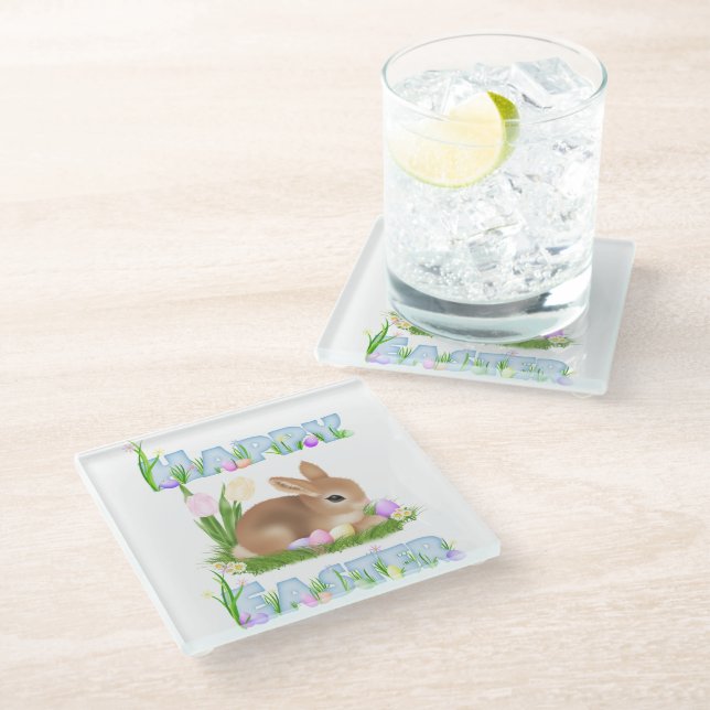 Easter Bunny (Blue) Glass Coaster (Angled)