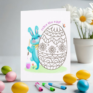 Easter Bunny Blue Rabbit and Egg Colouring Page Card