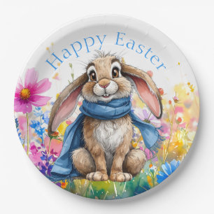 Easter Bunny blue scarf Happy Easter Paper Plate