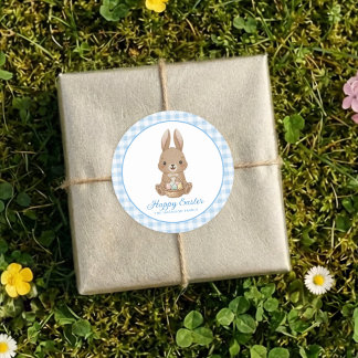 Easter Bunny Blue Watercolor Gingham Classic Round Sticker