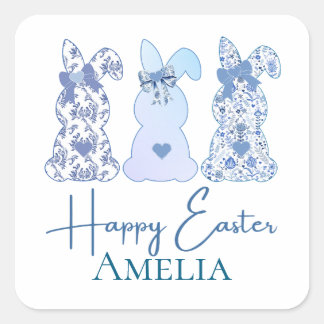 Easter Bunny Blue White Floral Bow Personalised  Square Sticker