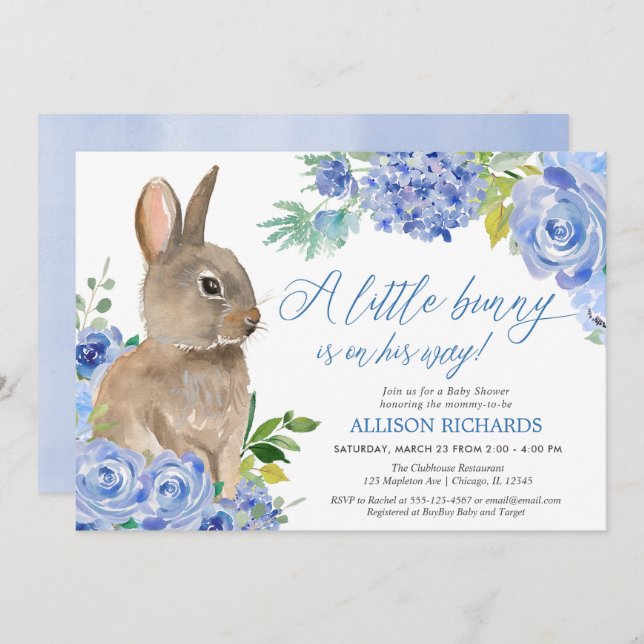Easter bunny blue white floral boy baby shower invitation (Front/Back)