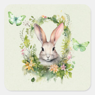 Easter Bunny Butterfly & Floral Wreath Baby Shower Square Sticker