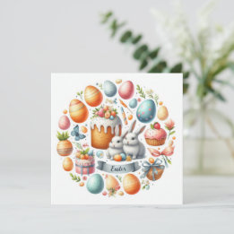 Easter Bunny Cake Eggs Illustration  Holiday Card
