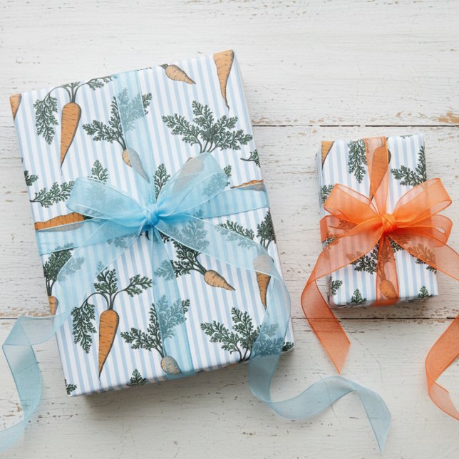 Easter Bunny Carrots & Blue Stripes Wrapping Paper (Cute Carrots & Green Leaves Vegetable Food Pattern Wrapping Paper for Easter and Vegan Themed Party)