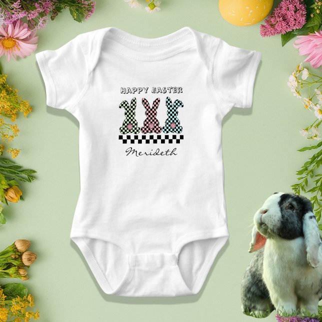 Easter Bunny Chequerboard Pink Green Teal Monogram Baby Bodysuit (Creator Uploaded)