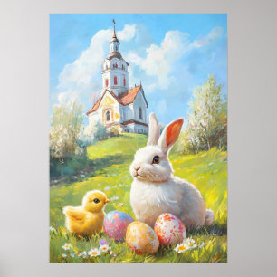 Easter Bunny & Chick Cute Painting Poster