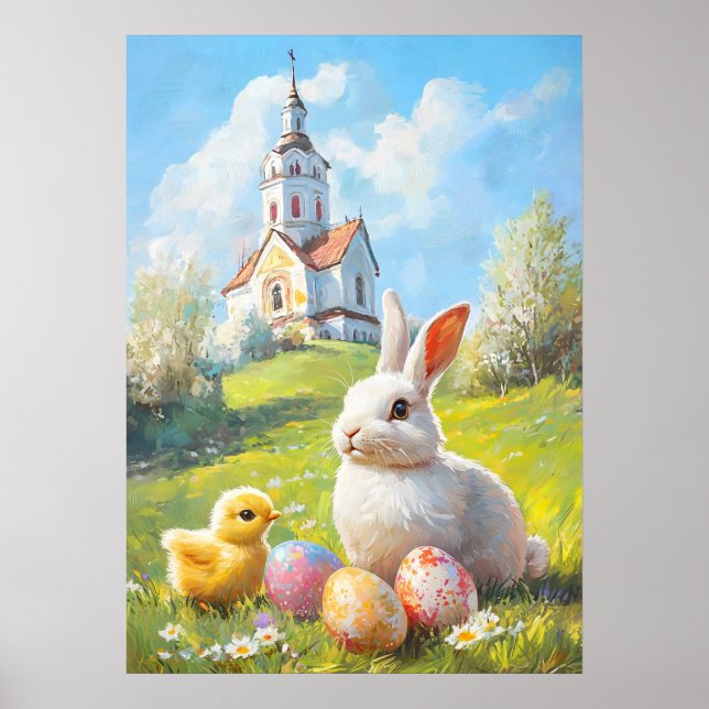Easter Bunny & Chick Cute Painting Poster (Front)