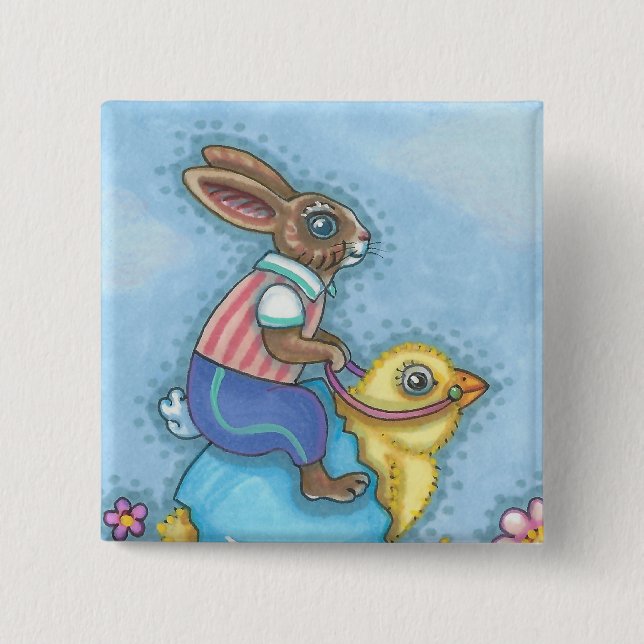 EASTER BUNNY, CHICK WHIMSICAL HOLIDAY BUTTON Squ (Front)
