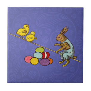 Easter Bunny chickens eggs illustration Ceramic Tile