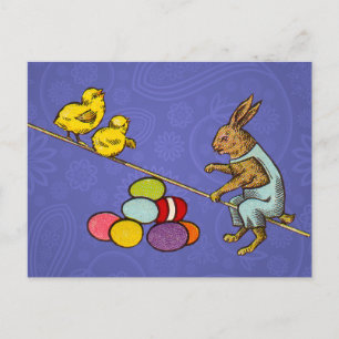 Easter Bunny chickens eggs illustration Holiday Postcard
