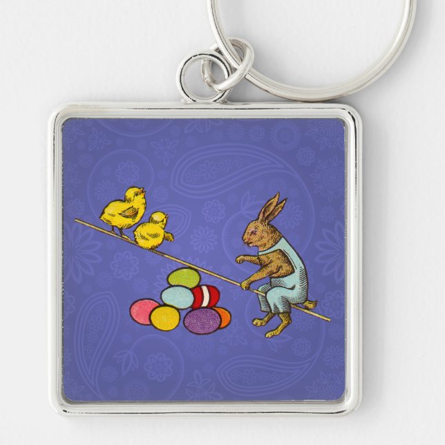 Easter Bunny chickens eggs illustration Key Ring (Front)