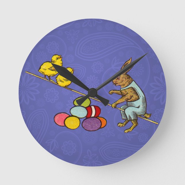 Easter Bunny chickens eggs illustration Round Clock (Front)