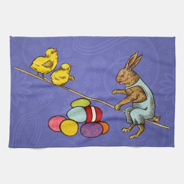 Easter Bunny chickens eggs illustration Tea Towel (Horizontal)