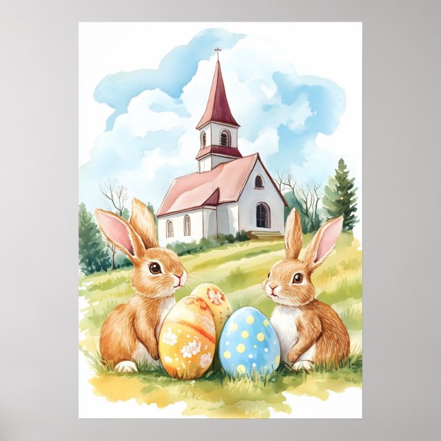 Easter Bunny Church Watercolor Drawing Poster (Front)