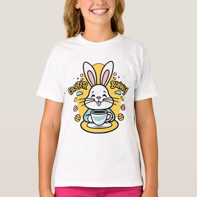 Easter Bunny Coffee Lover Funny Cartoon Design T-Shirt (Front)
