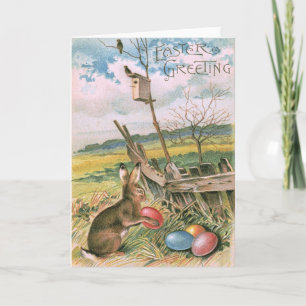 Easter Bunny Coloured Egg Birdhouse Field Holiday Card