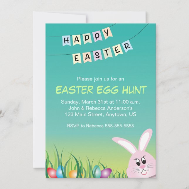Easter Bunny & Coloured Eggs, Easter Egg Hunt Invitation (Front)