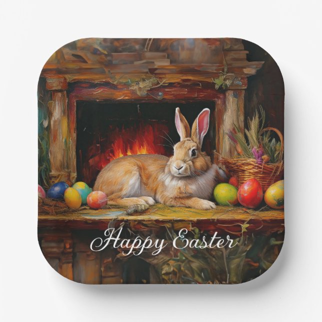 Easter Bunny Colourful Easter eggs Happy Easter Paper Plate (Front)
