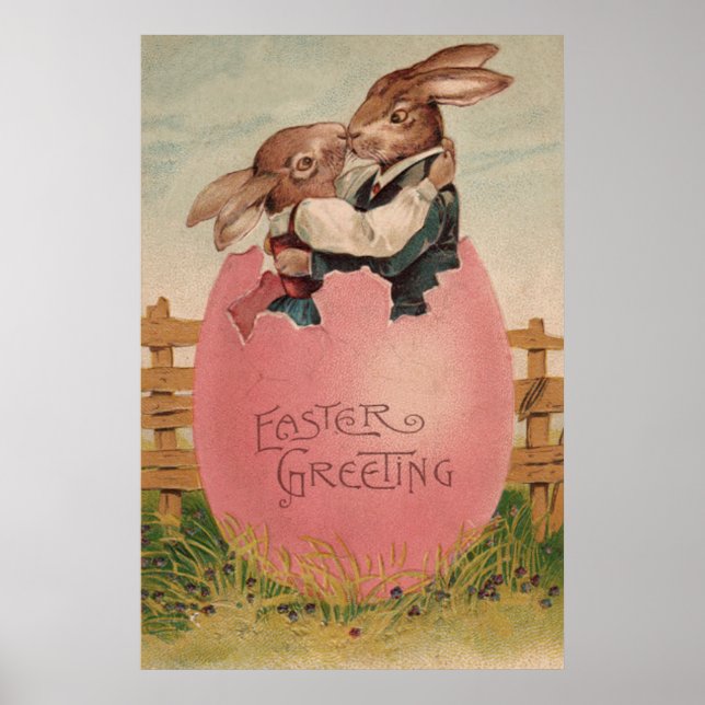 Easter Bunny Couple Kissing Painted Coloured Egg Poster (Front)