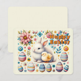 Easter Bunny cute Chick Eggs Flowers Pattern - Holiday Card