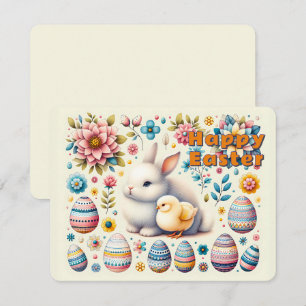 Easter Bunny cute Chick Eggs Flowers Pattern - Holiday Card