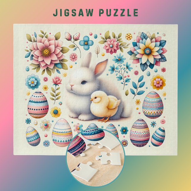 Easter Bunny cute Chick Eggs Flowers Pattern -  Jigsaw Puzzle (Creator Uploaded)