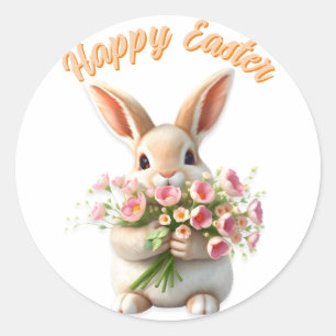 Easter Bunny Cute Flower Bouquet Happy Easter Classic Round Sticker