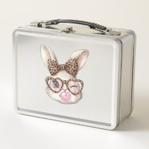Easter Bunny Cute Glasses Leopard Bunny Rabbit Eas Metal Lunch Box