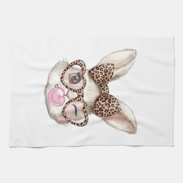 Easter Bunny Cute Glasses Leopard Bunny Rabbit Eas Tea Towel (Horizontal)