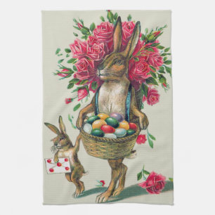 Easter Bunny Dad Child Rose Basket Egg Tea Towel