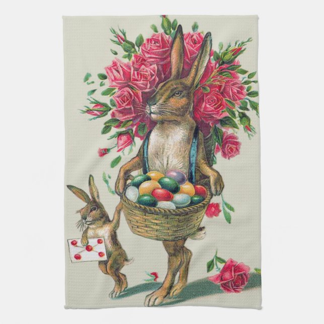 Easter Bunny Dad Child Rose Basket Egg Tea Towel (Vertical)