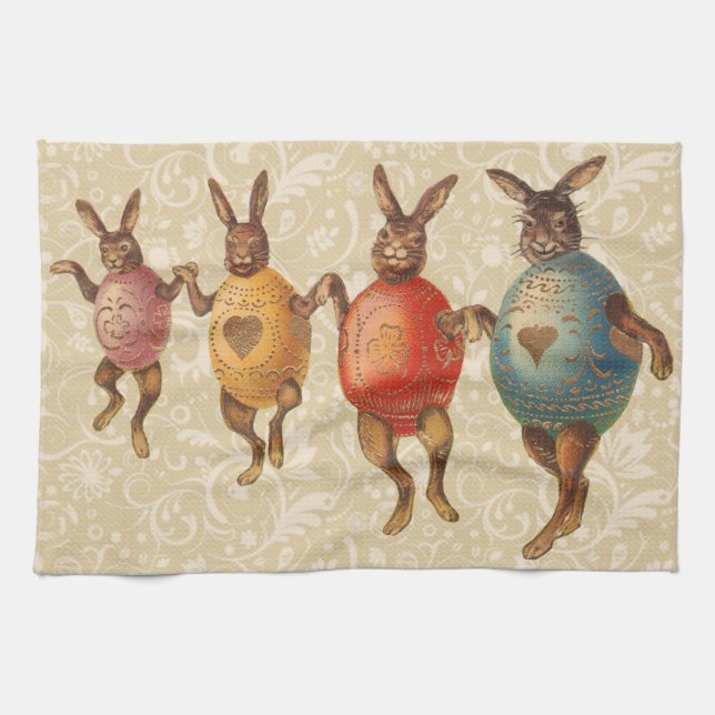 Easter Bunny Dancing Eggs Tea Towel (Horizontal)