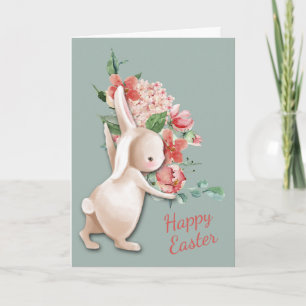 Easter Bunny Delivering Flowers Card