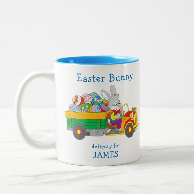 Easter Bunny Delivery Truck Personalised Name Two-Tone Coffee Mug (Left)