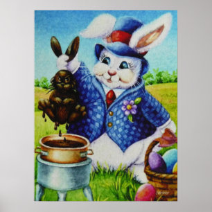 Easter Bunny Dips Rabbit in Chocolate Art 18x24 Poster