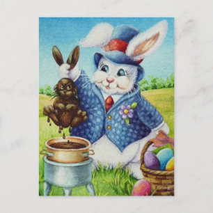 Easter Bunny Dips Rabbit in Chocolate Watercolor Postcard