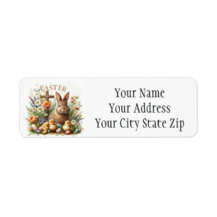 Easter Bunny, Ducklings and Flowers with Cross Return Address Label