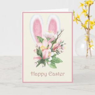 Easter Bunny Ears and Watercolor Pink Flowers Card